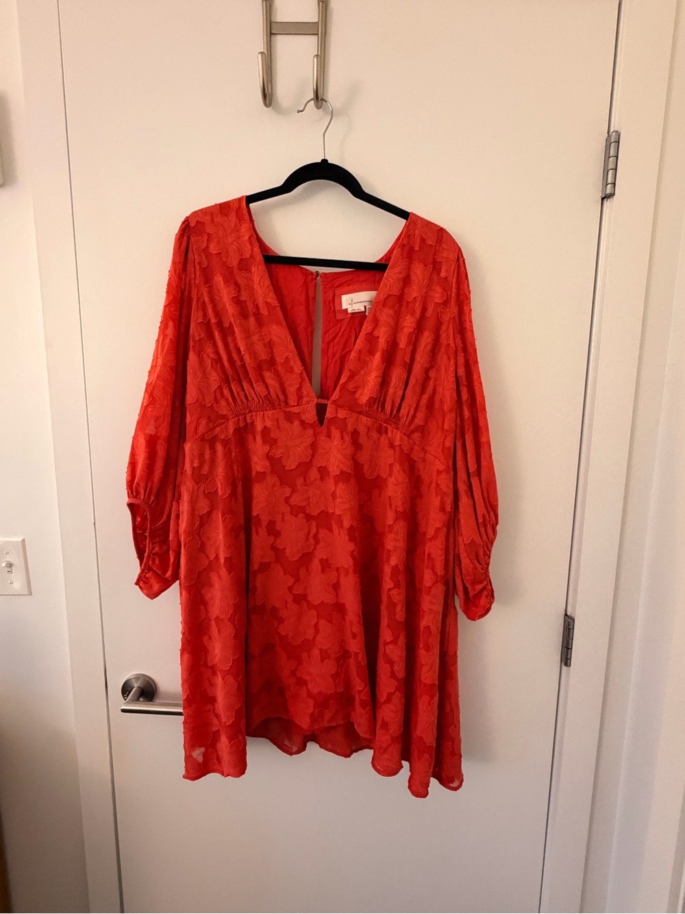 By Anthropologie Rust Orange Floral Burnout Mini Dress 18W Balloon Sleeve V-Neck